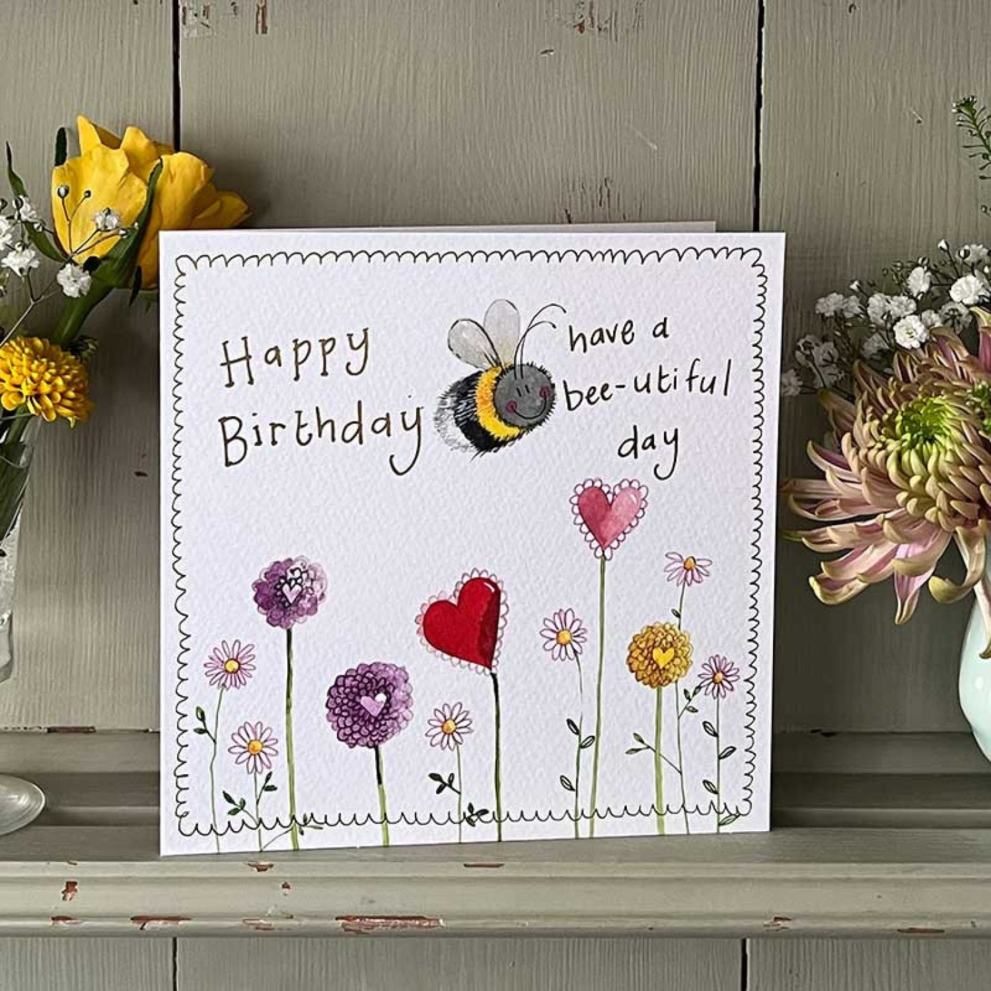 Birthday Card Bee and Dahlias
