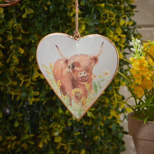 Highland Cow Metal Heart Hanging Decoration