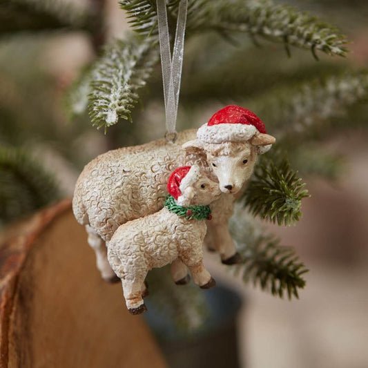 XMAS SHEEP MUM & BABY HANGER WHITE RESIN WITH SANTA HATS