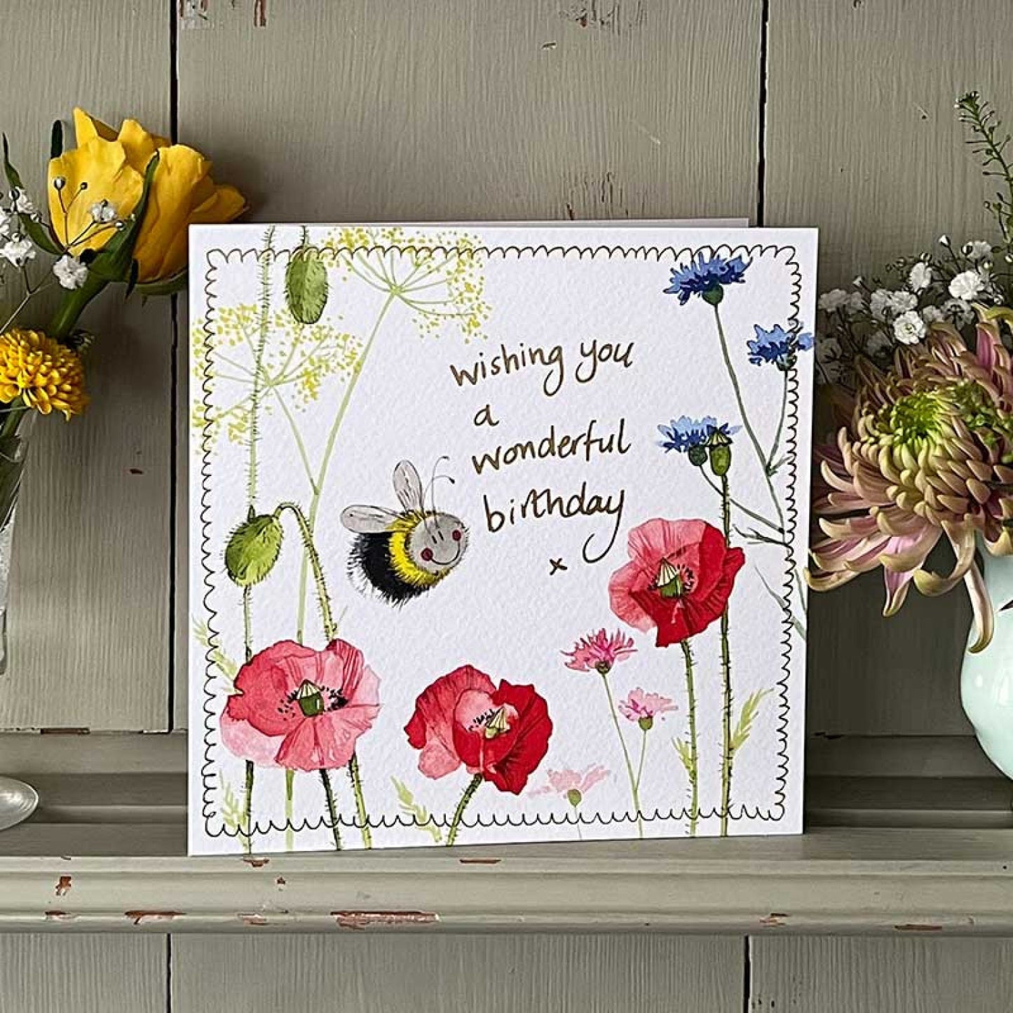 Birthday Greeting Card Bee and Poppies
