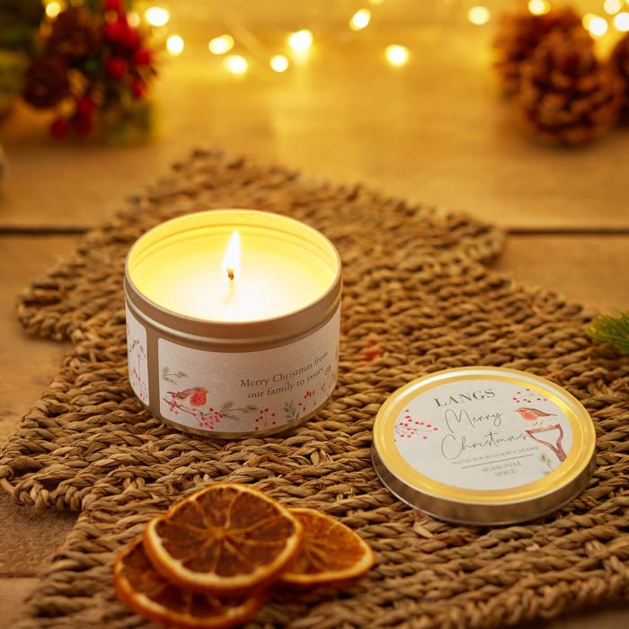 XMAS SOY CANDLE TIN ROBIN MERRY XMAS SEASONAL SPICE HAND POURED