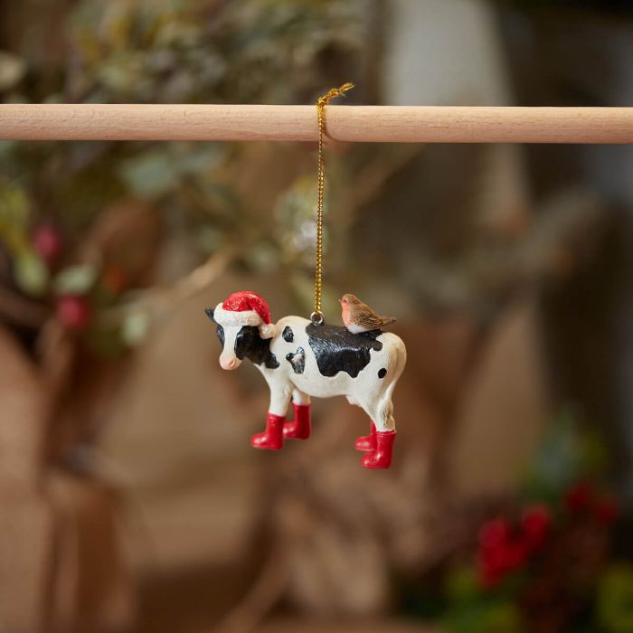 XMAS FRIESIAN COW HANGER RESIN WITH ROBIN & RED WELLIES