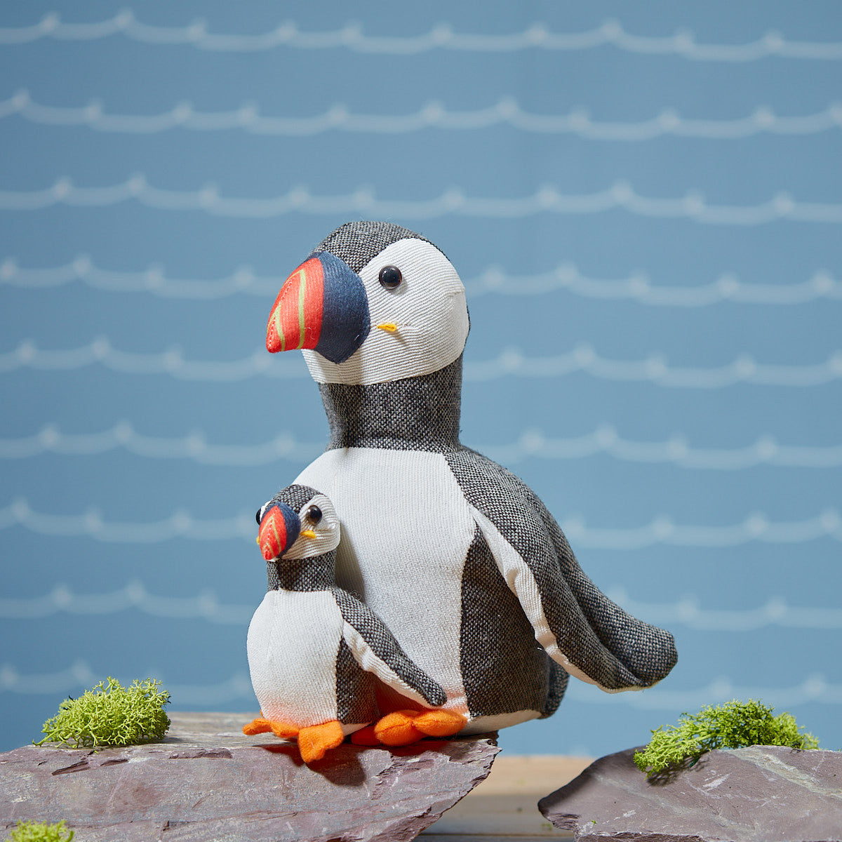 Puffin with Baby Doorstop Herringbone Fabric