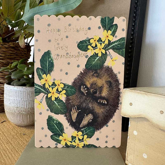 Hedgehog and Primroses Granddaughter Birthday Card