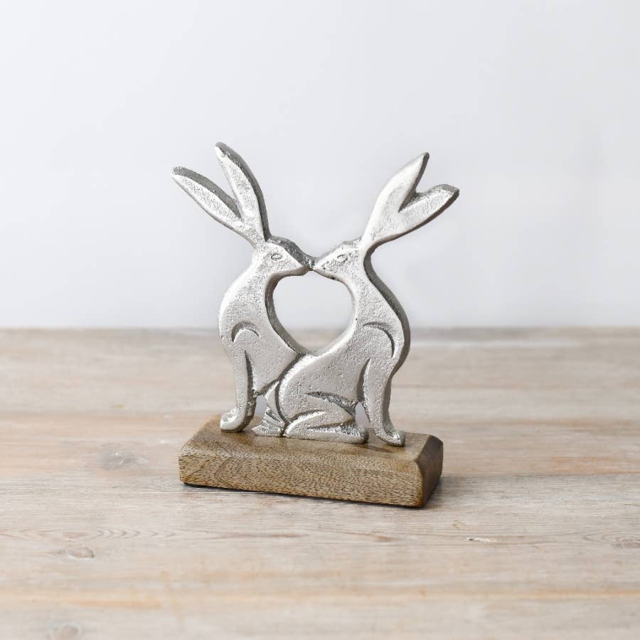 Kissing Rabbits on Wood Base, 17cm