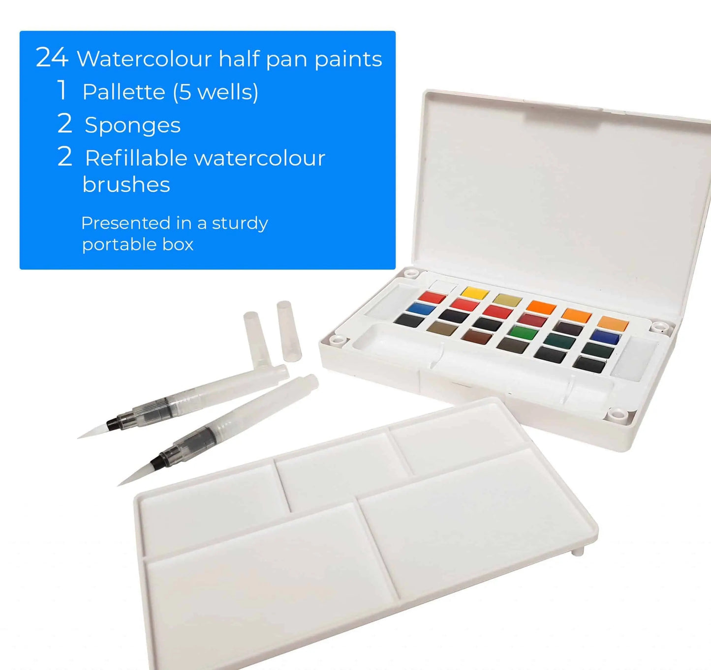 Premium 24 Half Pan Watercolour set with Detachable Palette and 2 x Watercolour Brushes – by Zieler