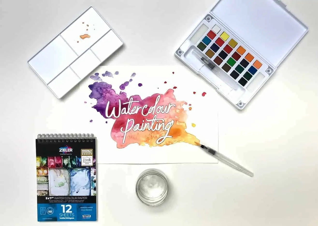 Premium 24 Half Pan Watercolour set with Detachable Palette and 2 x Watercolour Brushes – by Zieler