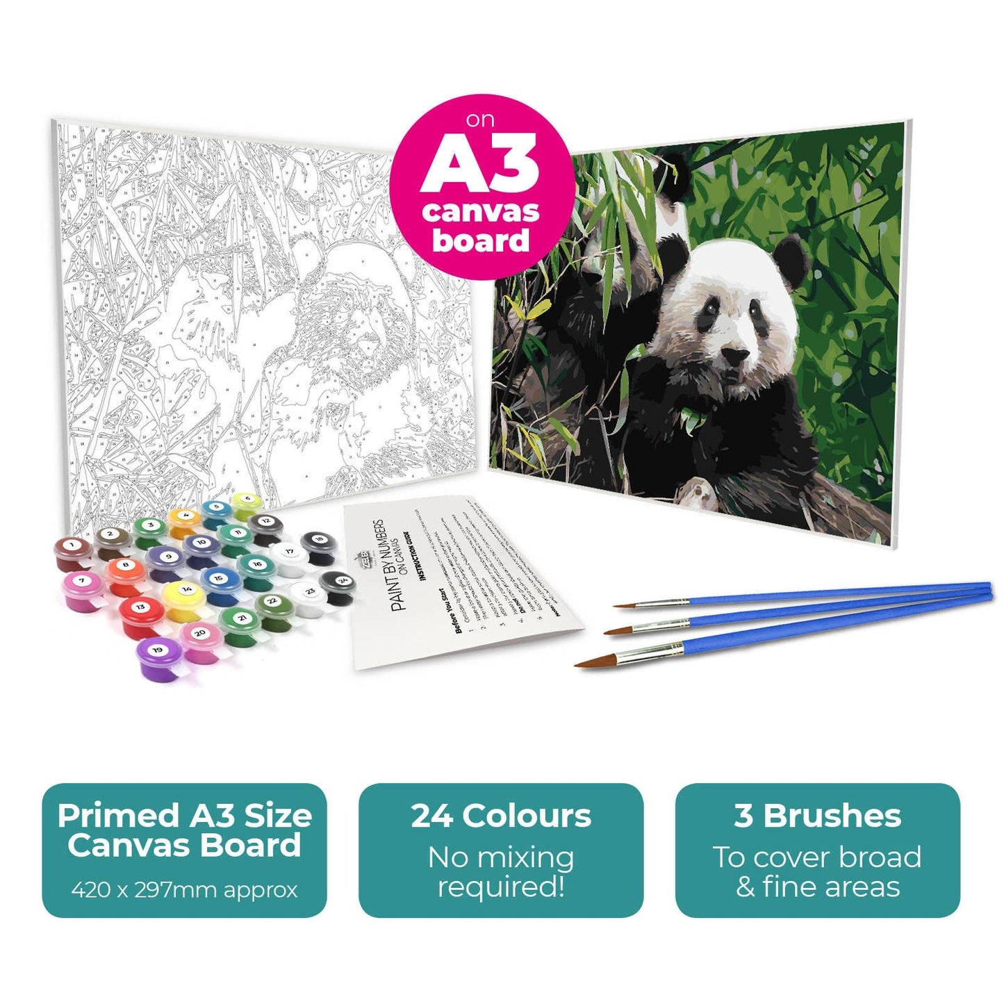 Paint By Numbers on A3 Canvas - Pandas