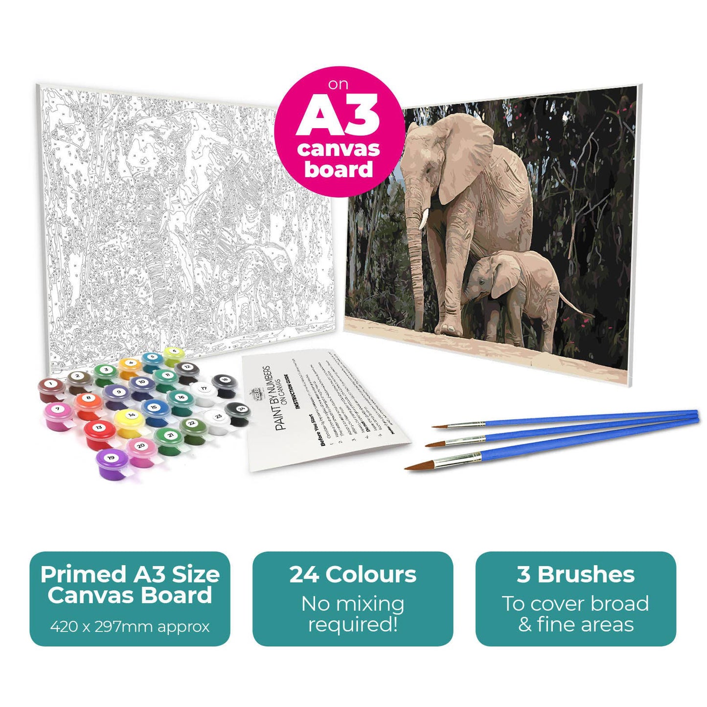 Paint By Numbers on A3 Canvas - Elephants