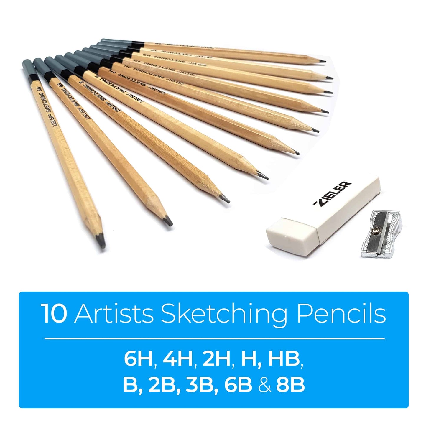 10 Sketching Pencils with Eraser & Metal Sharpener