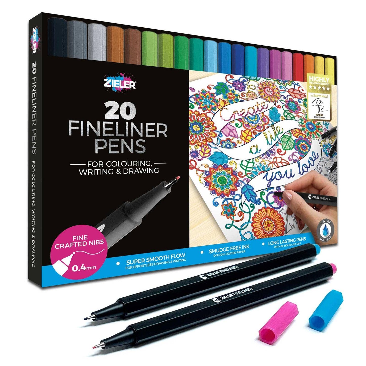 20 Colour Fineliner Pens Set 0.4mm - by Zieler | 09608113