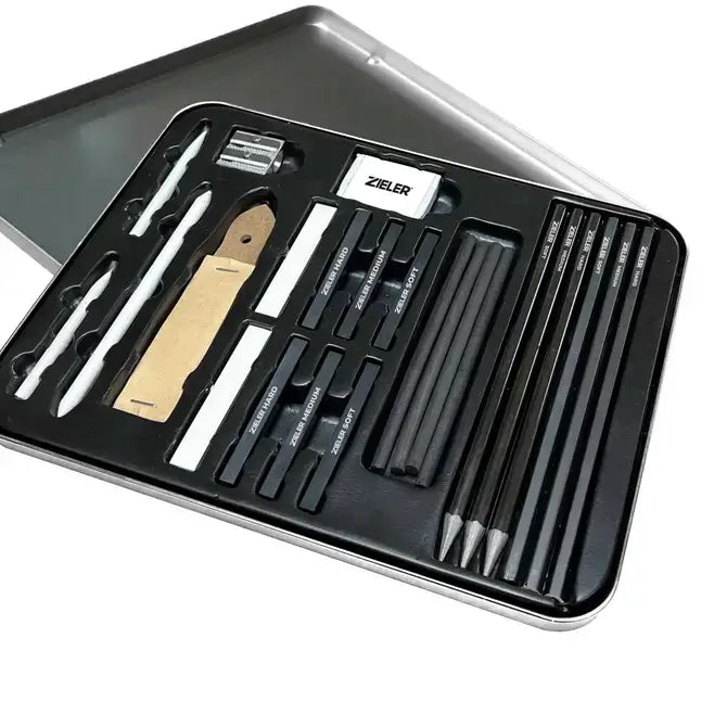 Artists Charcoal Drawing Set – 24 piece Gift Tin Set