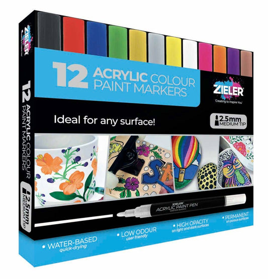 Acrylic Paint Marker Pens | Medium tip (2.5mm) | Set of 12