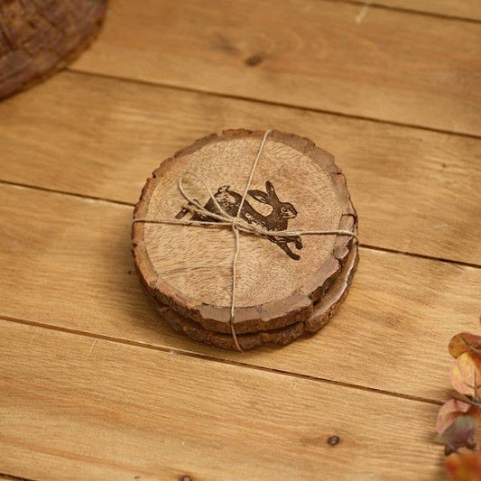 Mango Wood Engraved Hare Detail Set Of 2 Coasters With Bark Edge
