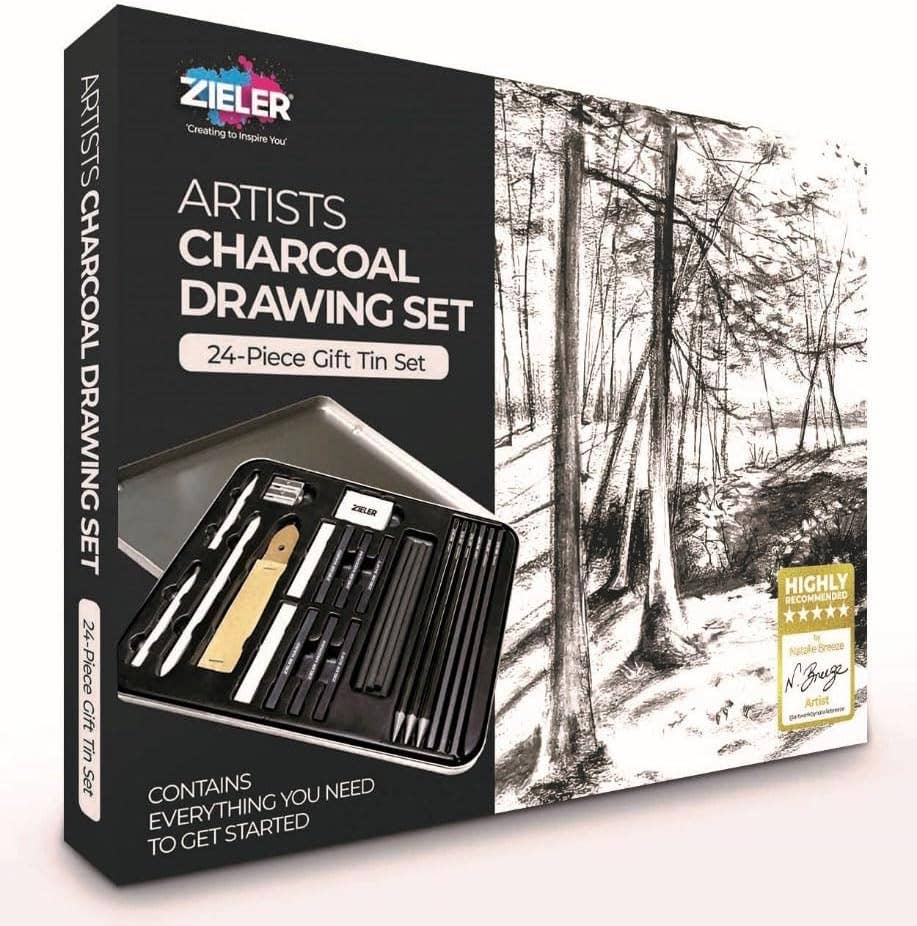 Artists Charcoal Drawing Set – 24 piece Gift Tin Set