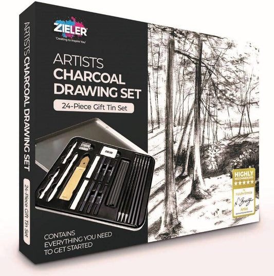 Artists Charcoal Drawing Set – 24 piece Gift Tin Set