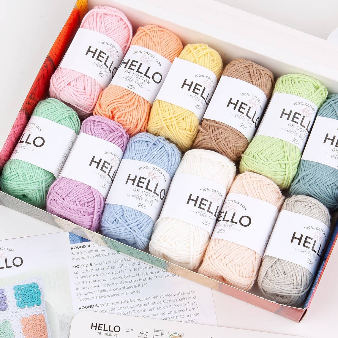 Hello 100% Cotton Gift Box Pack of 12 Balls Light DK Weight