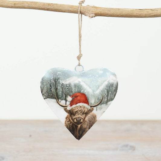 Festive Highland Cow Metal Heart Hanger 10cm