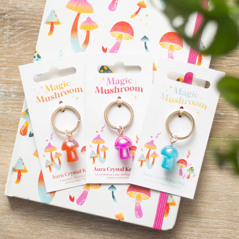 Orange Aura Crystal Mushroom Keyring