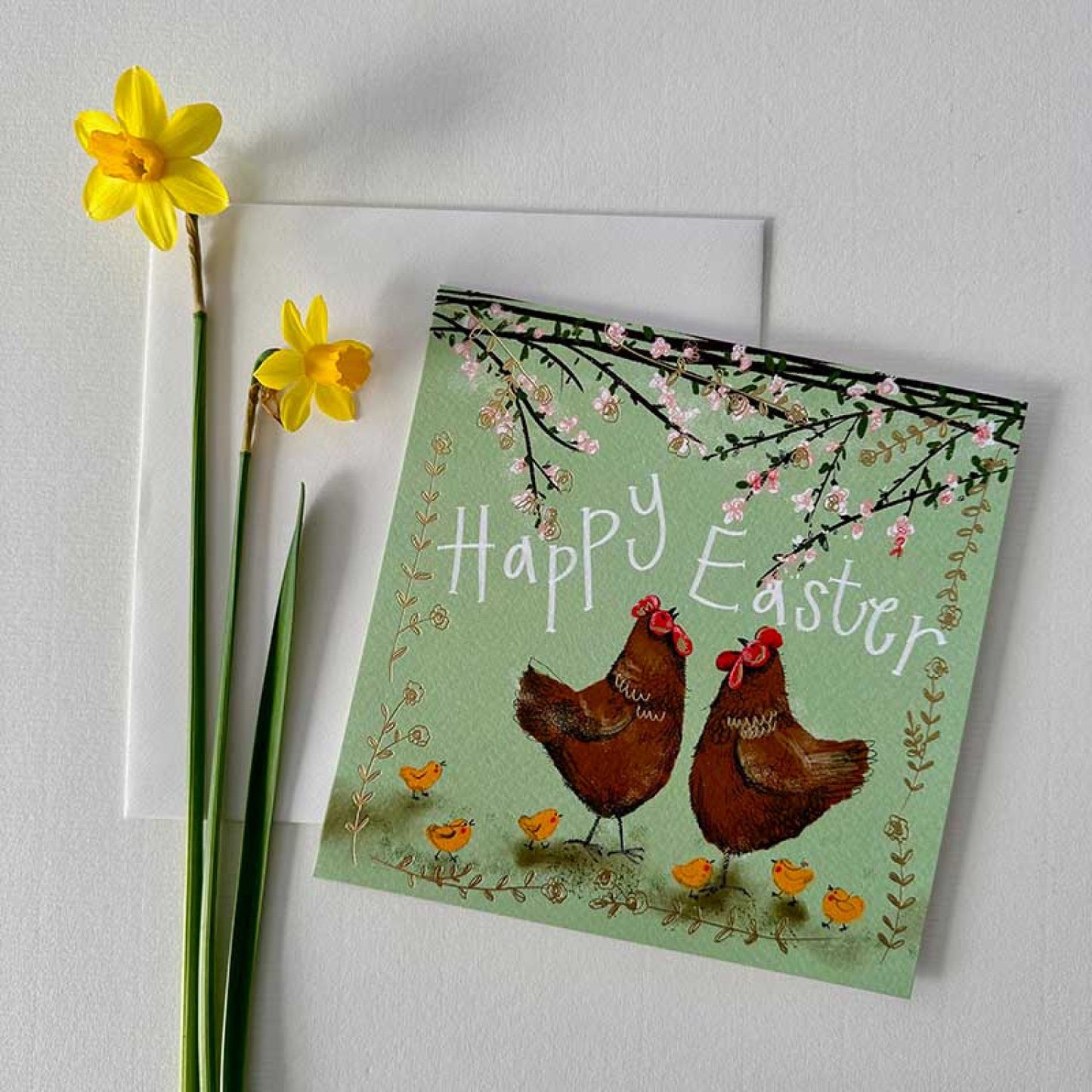 Easter Blossom Hens Greeting Card