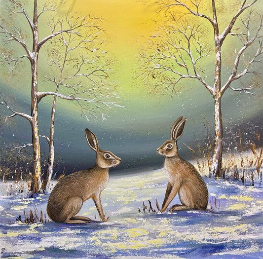 Hares In Winter Landscape Painting