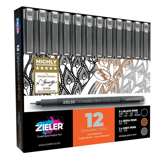 12 Fineliner Drawing Pens | Black, Sepia & Grey