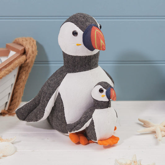 Puffin with Baby Doorstop Herringbone Fabric