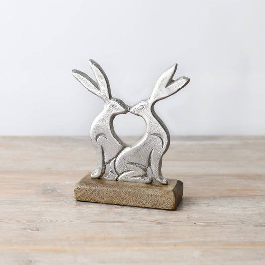 Kissing Rabbits on Wood Base, 17cm