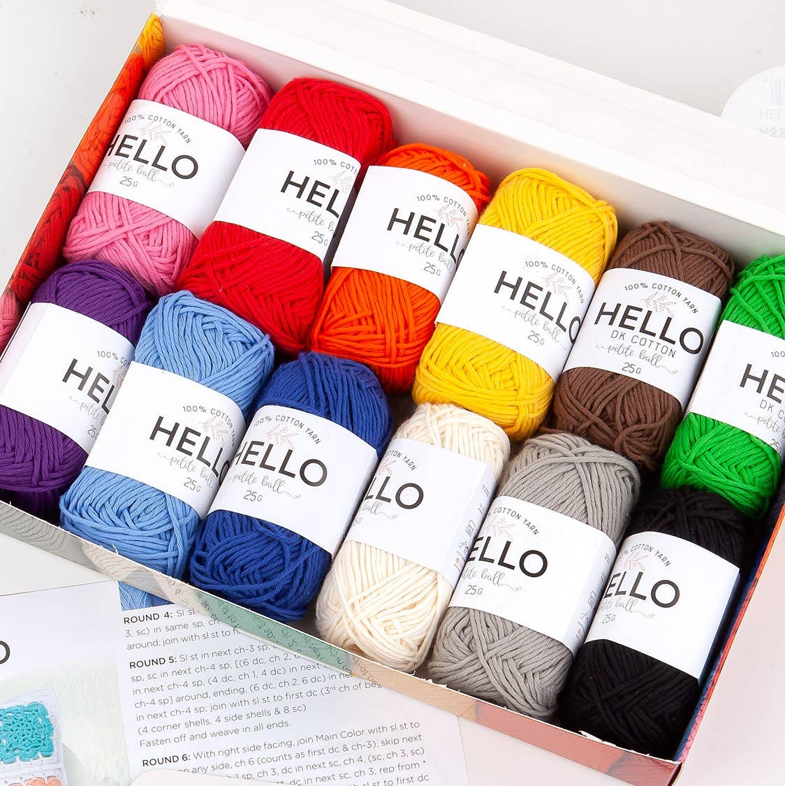 Hello 100% Cotton Gift Box Pack of 12 Balls Light DK Weight
