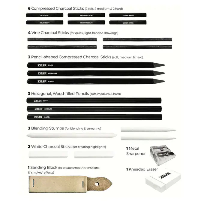 Artists Charcoal Drawing Set – 24 piece Gift Tin Set