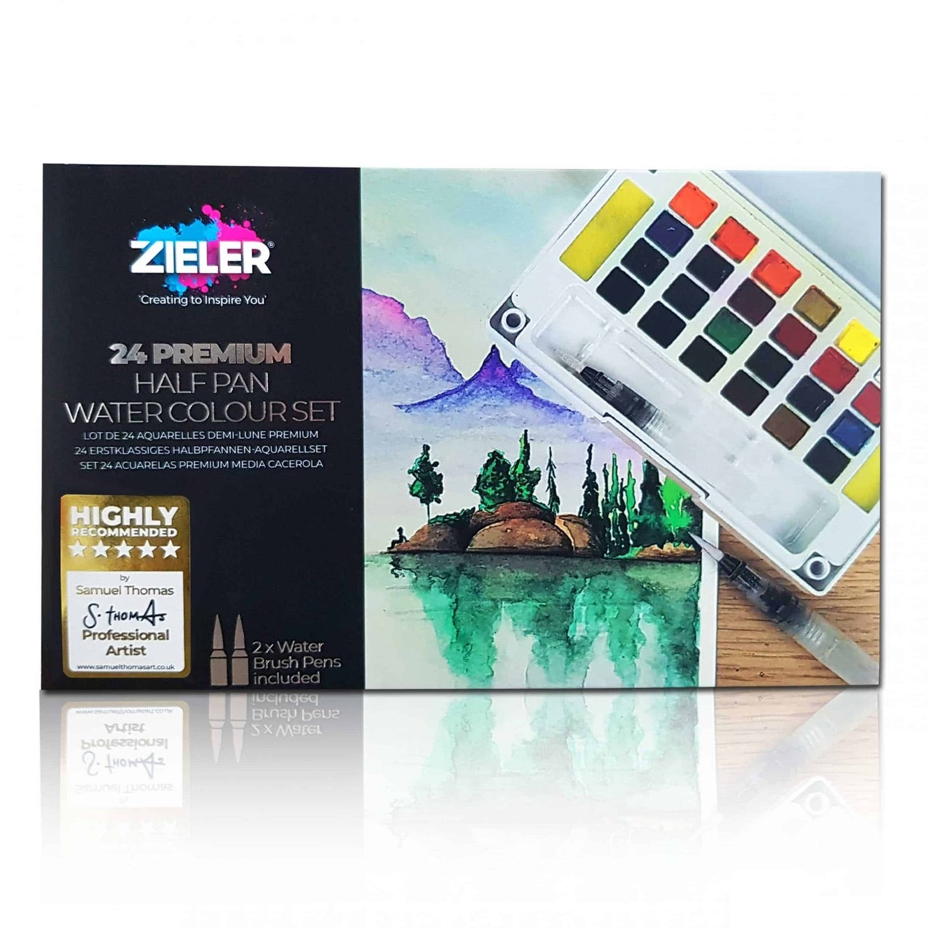 Premium 24 Half Pan Watercolour set with Detachable Palette and 2 x Watercolour Brushes – by Zieler