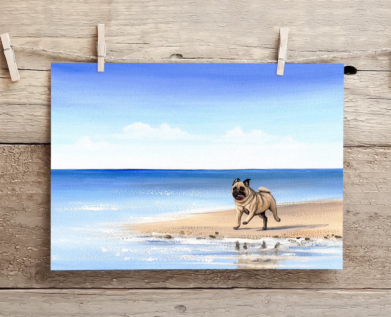Pug On The Beach - A4 Print