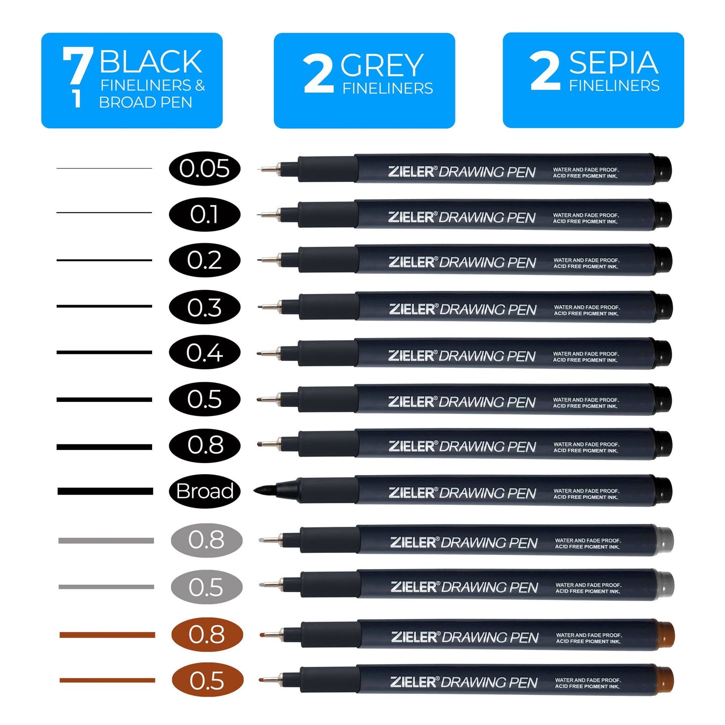 12 Fineliner Drawing Pens | Black, Sepia & Grey