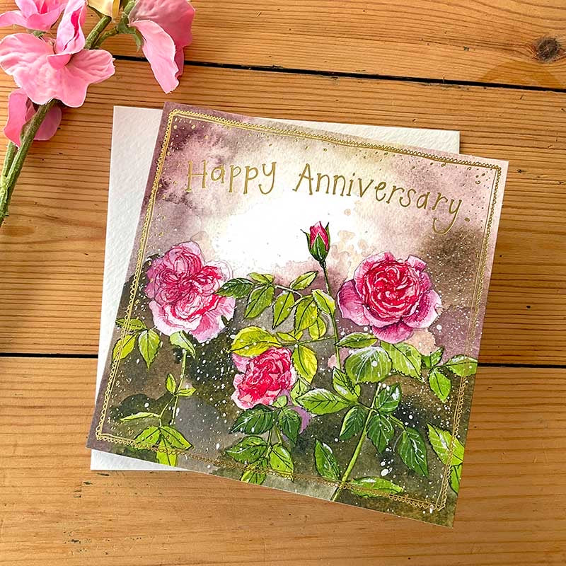 Pink Roses Happy Anniversary Card