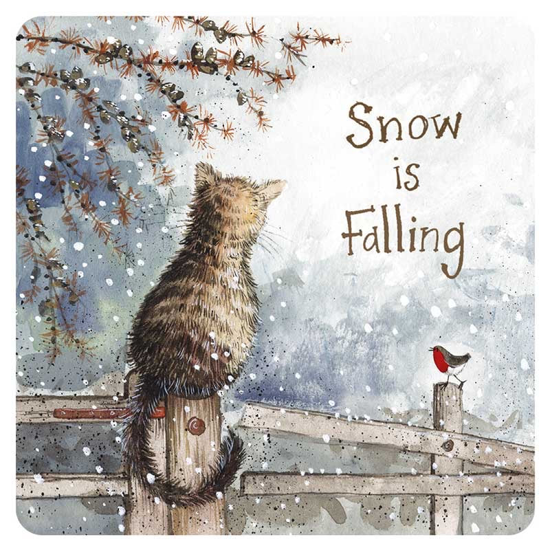 Snow is Falling Cat Christmas Coaster