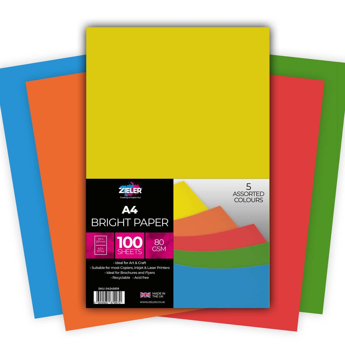 A4 Bright Coloured Paper 80gsm 100 sheets 5 Assorted Colours