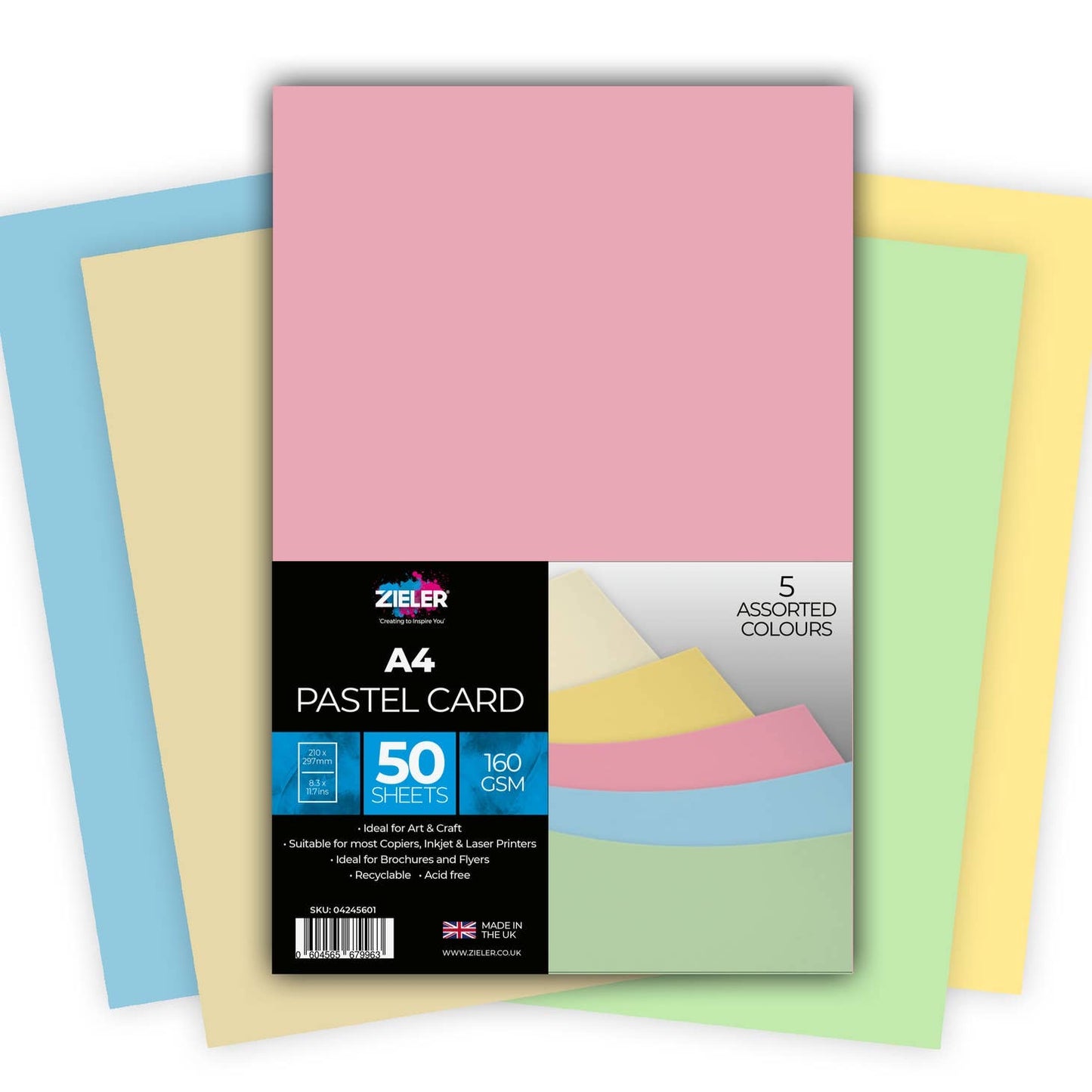 A4 Pastel Coloured Card 160gsm 50 sheets 5 Assorted Colours